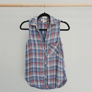 Cloth & Stone Blue Pink Plaid Button Down Tank Top With Pocket - XS
